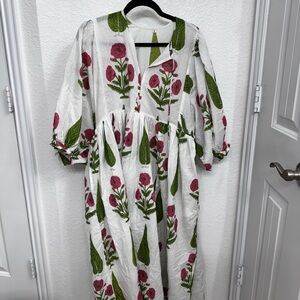 Floral White and Green Maxi Dress